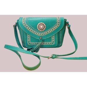 Montana West Turquoise Crossbody Bag With Embellished Details & Tassel Accent T8